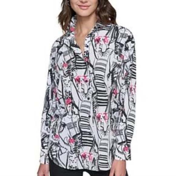 Karl Lagerfeld Tops - Nwt Karl Lagerfeld Black and White Button Down with Pink Highlights Small